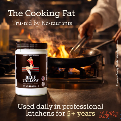 22oz Premium Grass-Fed Beef Tallow | Restaurant-Proven Cooking Fat | Seed Oil-Free jar beside chef cooking over flame in restaurant kitchen