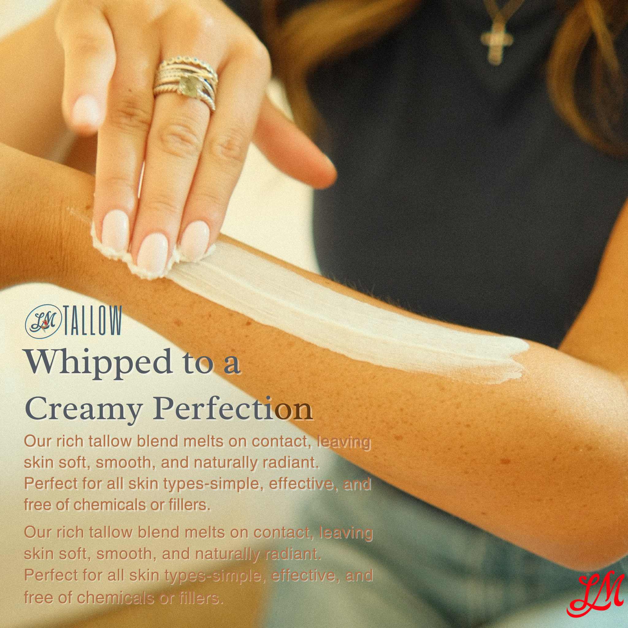 Lavender Tallow Gift Set - Premium Relaxation Bundle | Skincare, Candle &amp; Soap tallow balm applied to arm for smooth, radiant skin