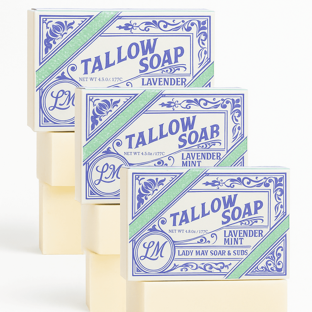 Pure Beef Tallow Soap Bar 3 Pack - Natural Handmade Soap for Face Body &amp; Shaving - Lavender Mint or Unscented - Moisturizing Sensitive Skin Soap - Chemical Free - Lady May Tallow