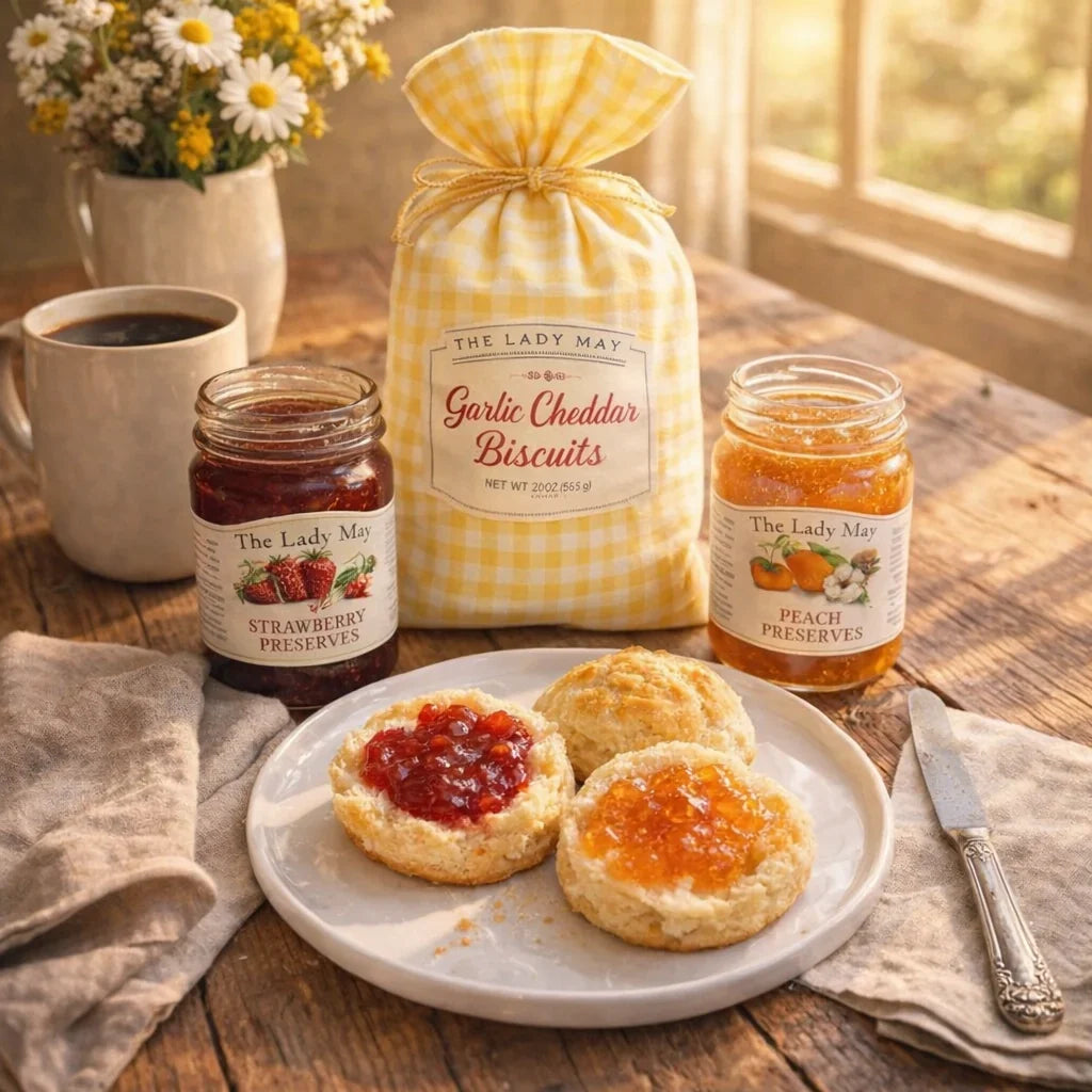 The Lady May Biscuit &amp; Jelly Box: biscuits with strawberry and peach preserves on a breakfast table