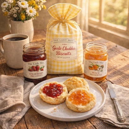 The Lady May Biscuit &amp; Jelly Box: biscuits with strawberry and peach preserves on a breakfast table