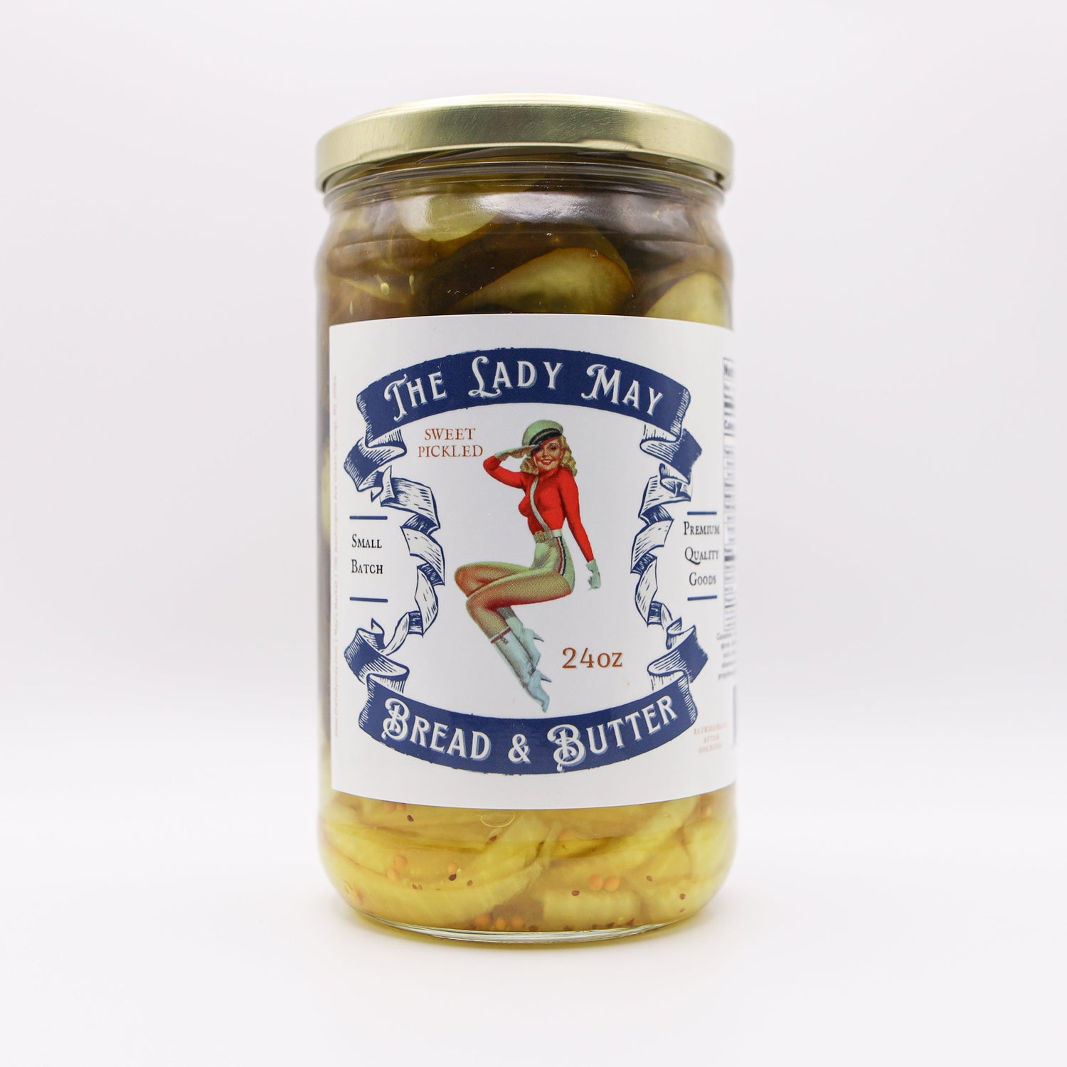 The Lady May small-batch bread and butter sweet pickle slices 24oz jar on a white background, a gourmet traditional farm-to-table Southern pickled gift idea