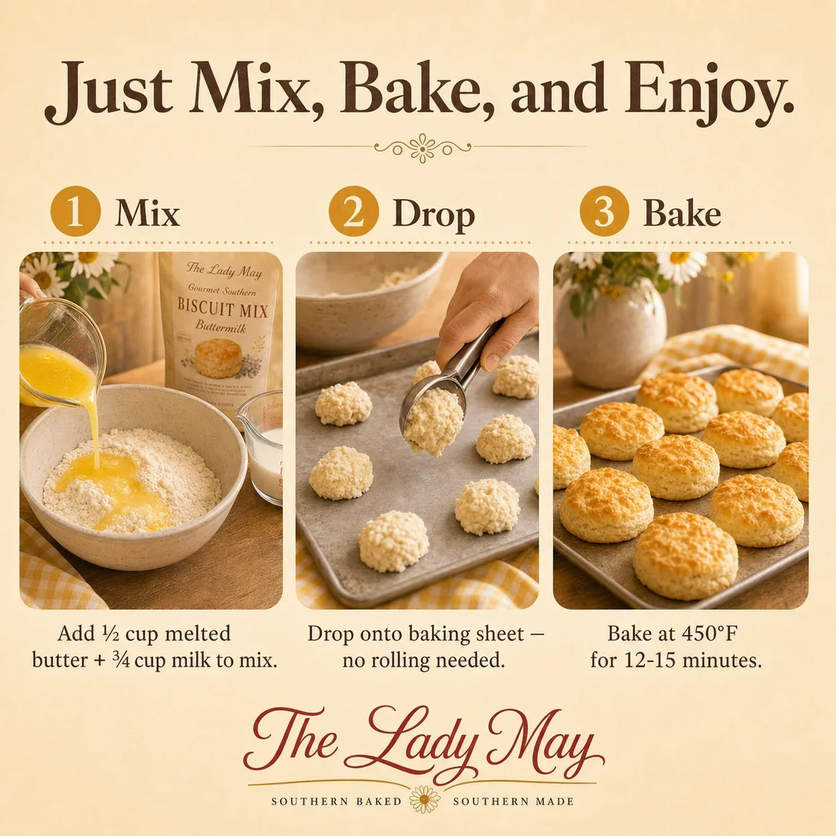 The Lady May Biscuit &amp; Jelly Box: just mix, bake and enjoy three-step graphic