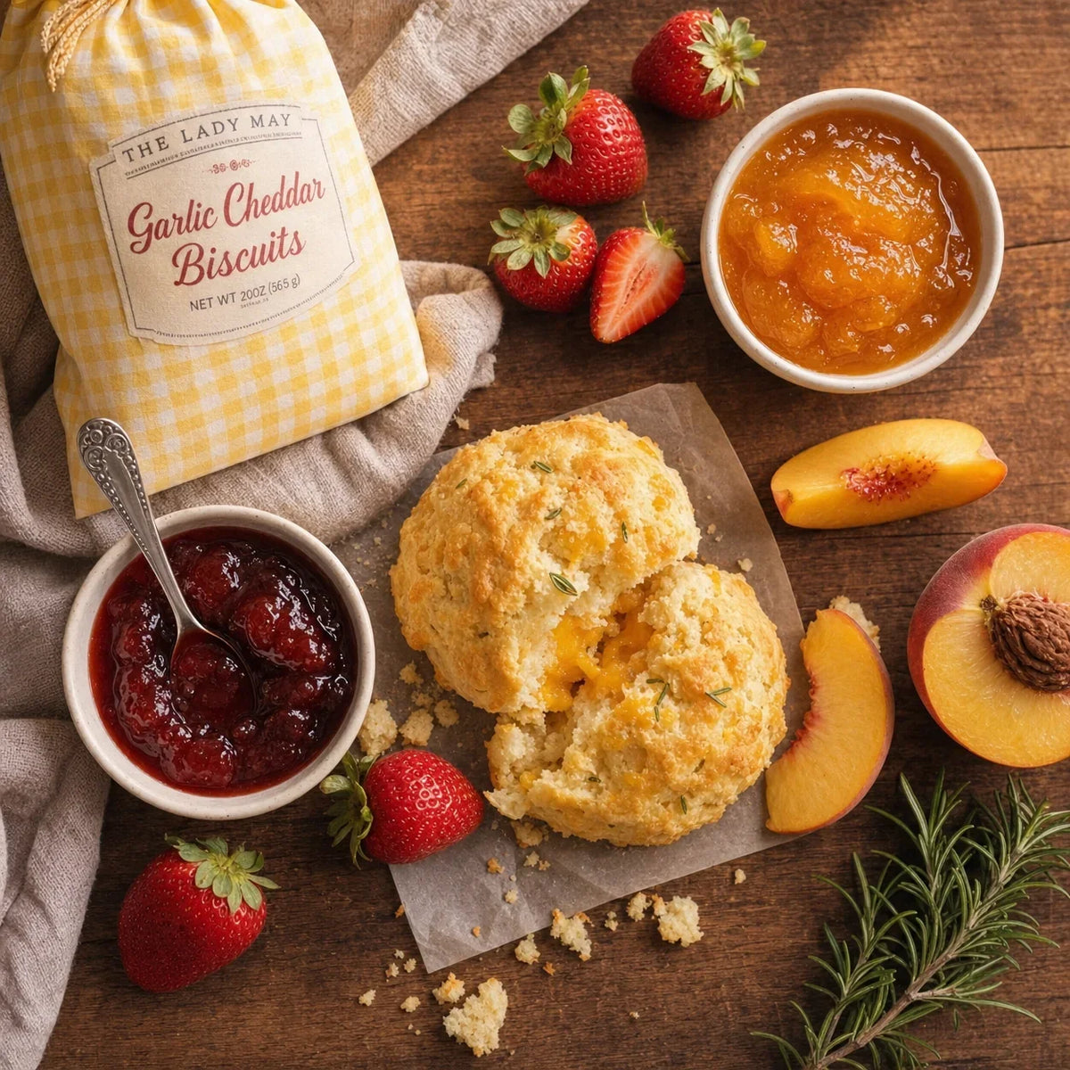 The Lady May Biscuit &amp; Jelly Box: garlic cheddar biscuits with strawberry and peach preserves on a wooden board