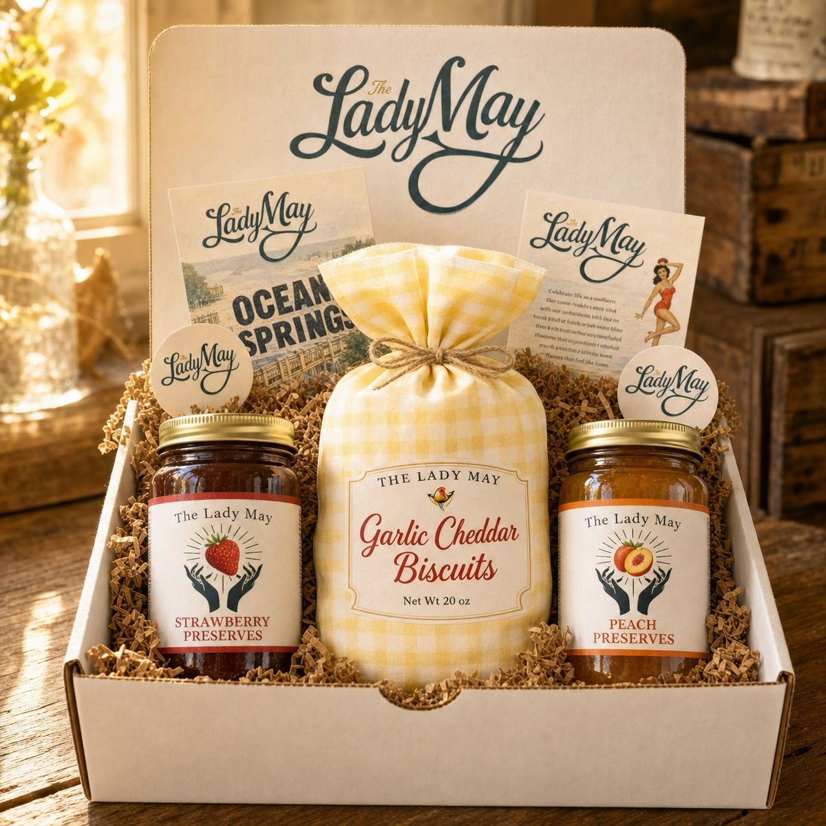 The Lady May Biscuit &amp; Jelly Box: gift box with Garlic Cheddar Biscuit Mix bag, Strawberry Preserves and Peach Preserves