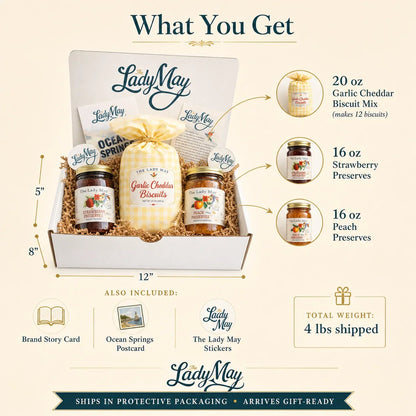 The Lady May Biscuit &amp; Jelly Box: what you get graphic: 20 oz biscuit mix, 16 oz strawberry preserves, 16 oz peach preserves