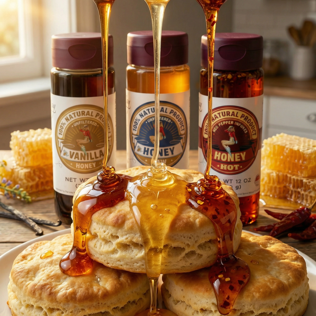 The Lady May raw honey trio of vanilla, raw and hot honey drizzling over a stack of biscuits with honeycomb, a gourmet farm-to-table local honey with natural benefits