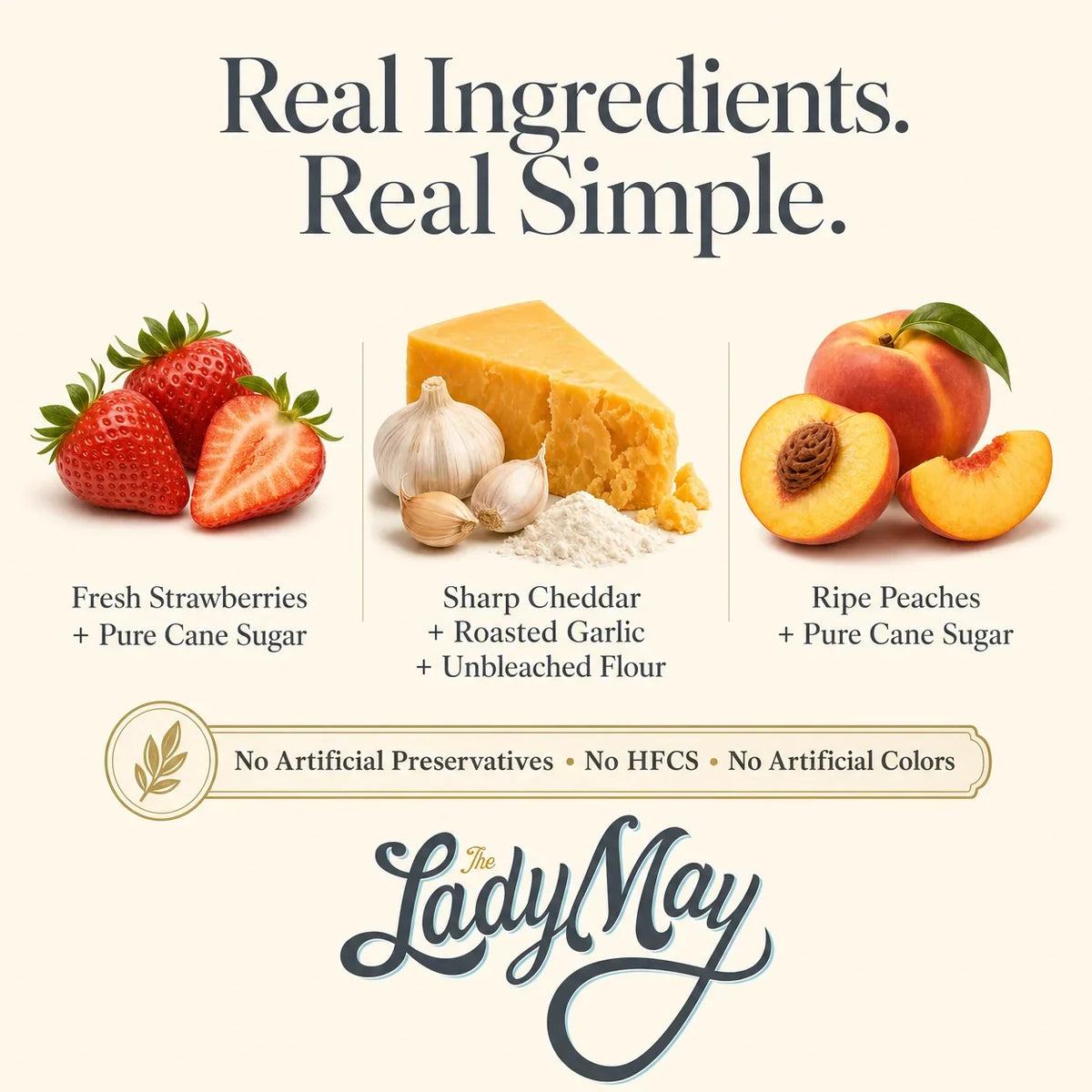 The Lady May Biscuit &amp; Jelly Box: real ingredients graphic: strawberries, sharp cheddar and ripe peaches
