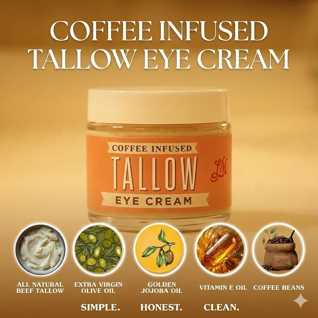 Jar of coffee infused tallow eye cream with ingredients listed on a gold background