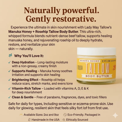 Manuka Honey + Rosehip Tallow Body Butter – Deeply Nourishing &amp; Repairing Natural Skincare