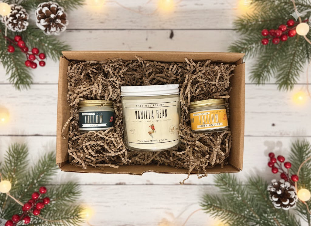 Two jars in a cardboard box with Christmas decorations around