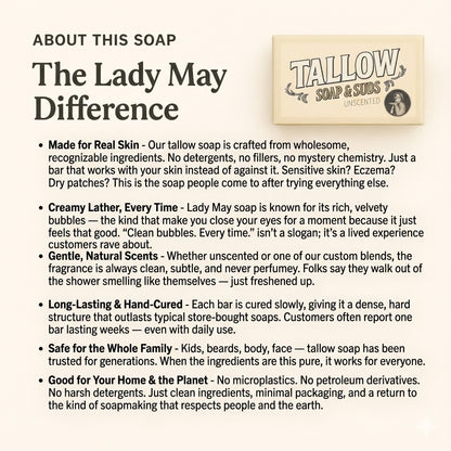 Pure Beef Tallow Soap Bar 3 Pack - Natural Handmade Soap for Face Body &amp; Shaving - Lavender Mint or Unscented - Moisturizing Sensitive Skin Soap - Chemical Free - Lady May Tallow