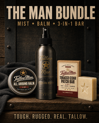 Tallow Man The Man Bundle: mist bottle, All Around Balm tin and Tobacco Cedar 3-in-1 Patch Bar with the text Tough. Rugged. Real. Tallow.